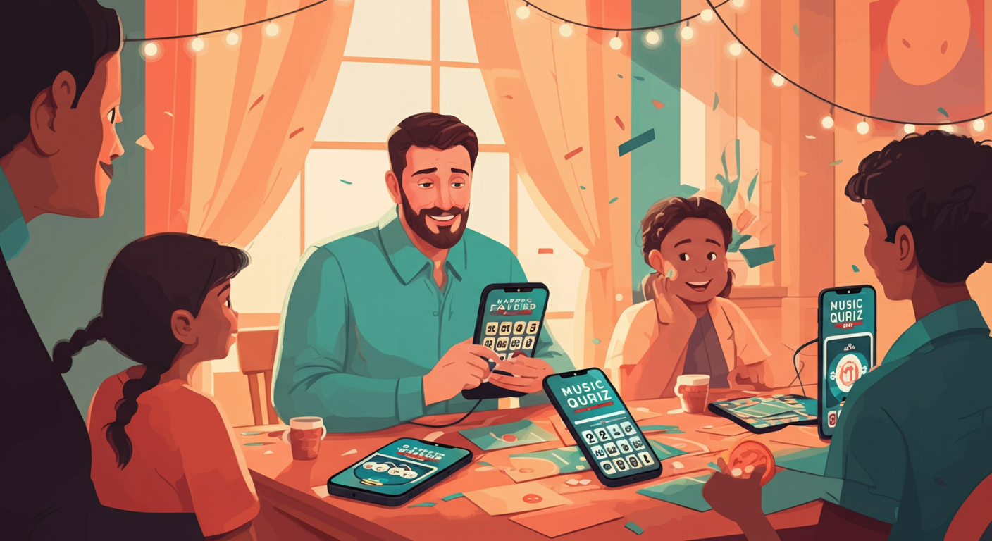 A father and his kids laughing during a music quiz night