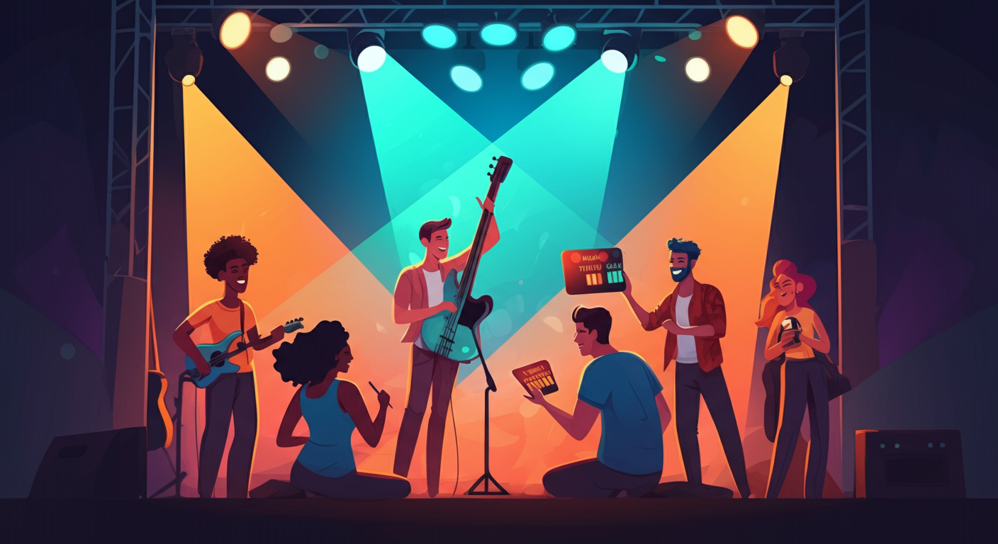 Friends playing a festival-themed music game with colorful lights at a party