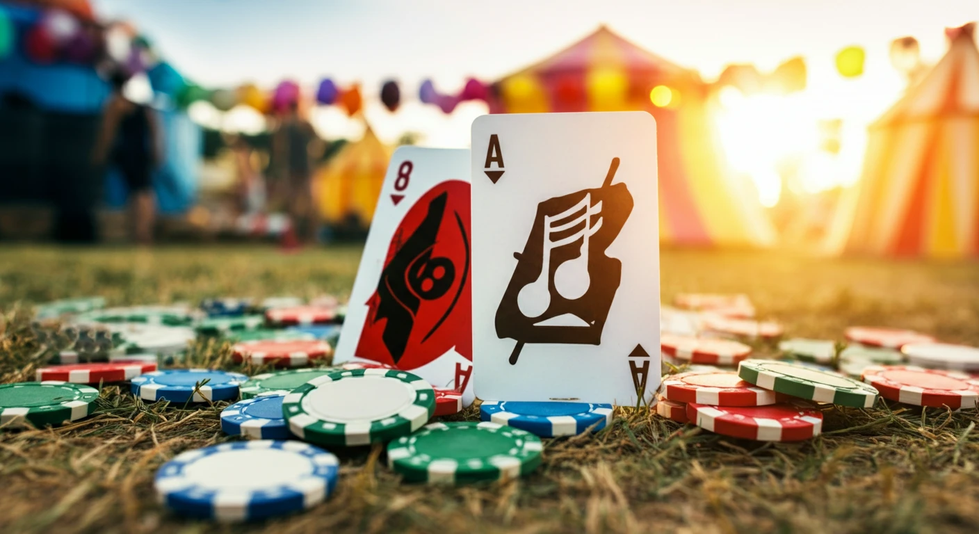 Vrienden die een muziekspel met festivalthema spelen onder gekleurde lichten op een feest