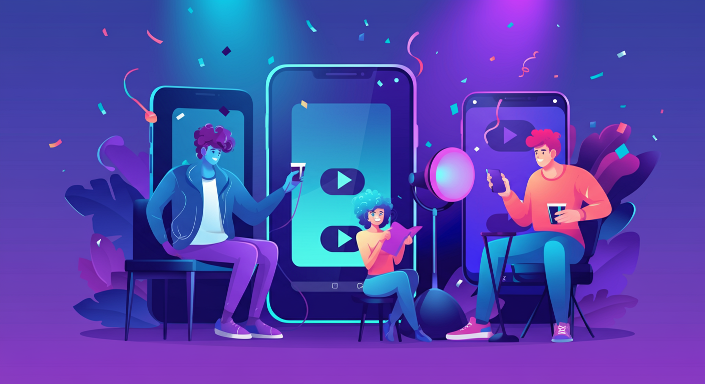 Group of friends playing a viral TikTok music quiz card game at a party with QR code cards and glowing smartphone screens