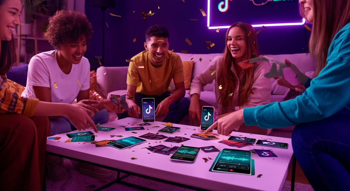 Friends playing a music quiz game with glowing phones and colorful quiz cards at a party