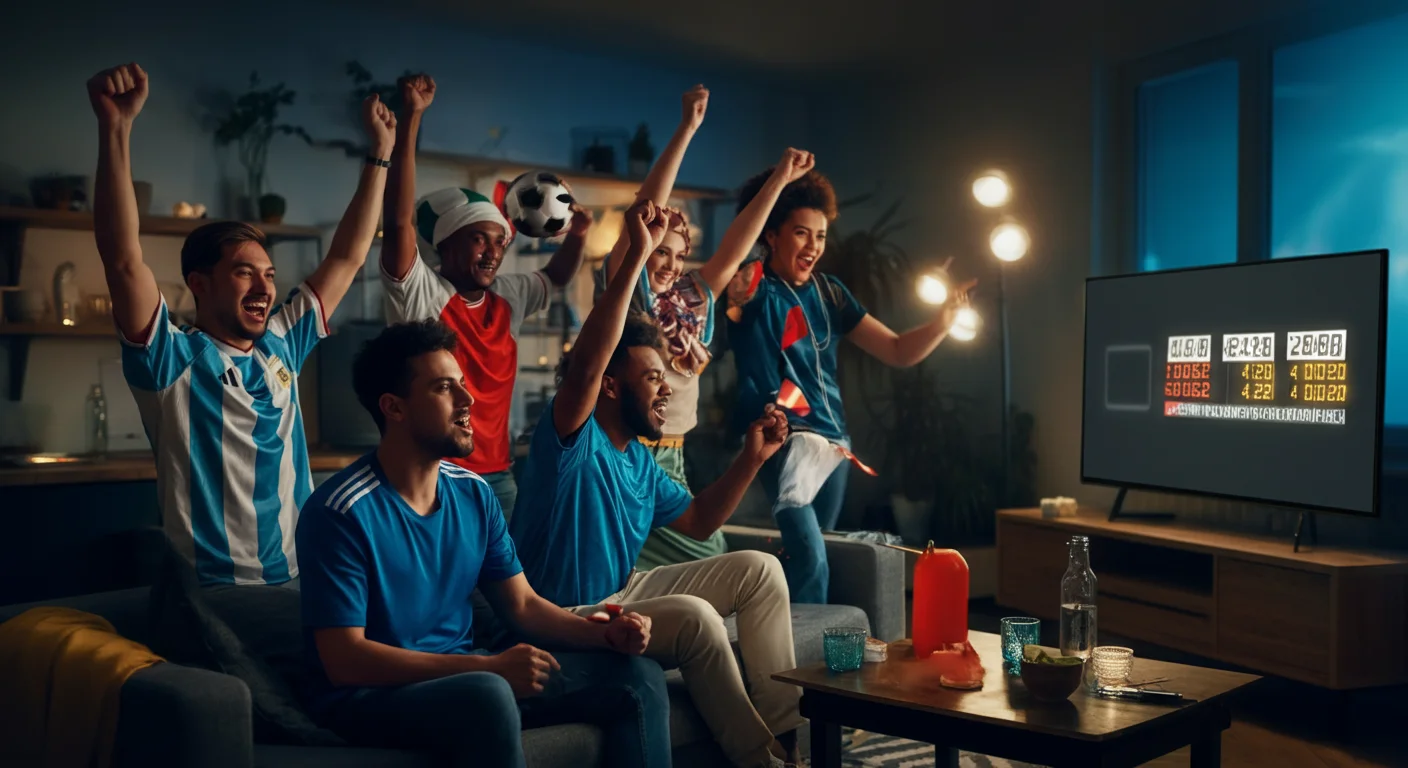 Friends cheering and watching football together at a World Cup party